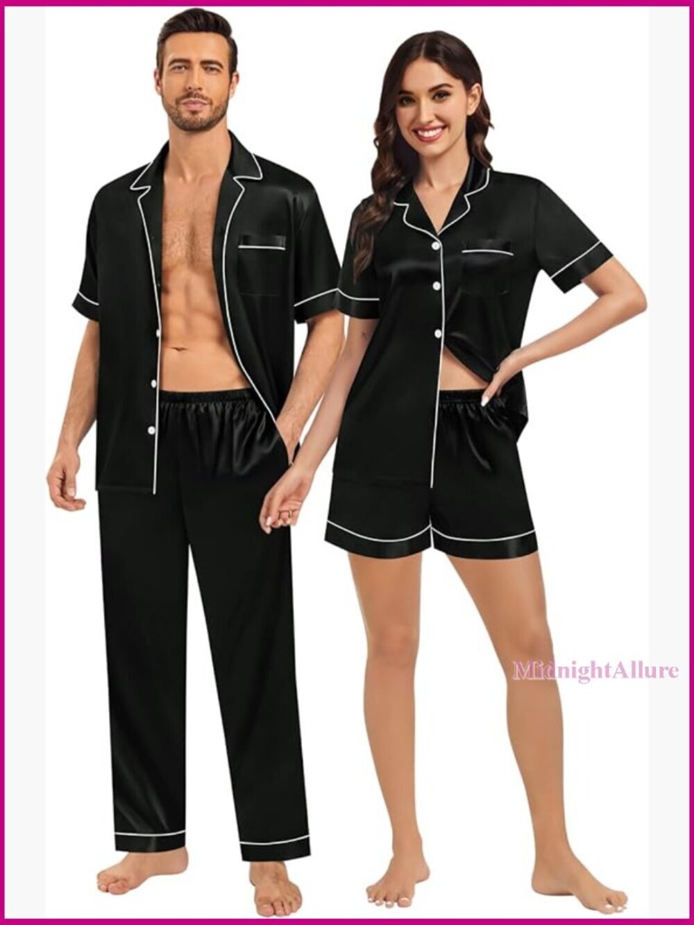 Matching Couples Pajamas Satin Sleepwear Set Short Sleeve Button Down Pjs